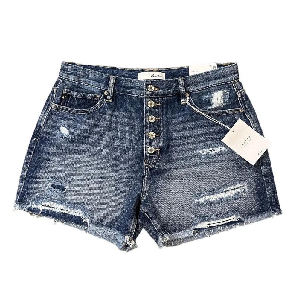 NWT KANCAN Ivy High Rise Button Fly Mom Jean Shorts Distressed Frayed Size 11/29